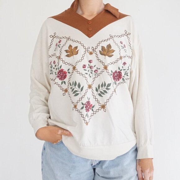 Sweaters - Adrian Delafield Cream Floral Leaf Print Pullover Polo Collar Sweatshirt L